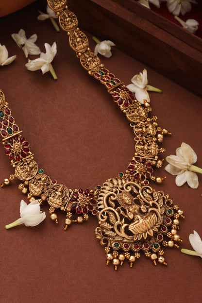 Gold Plated Temple jewellery Necklace Set with Green Drops