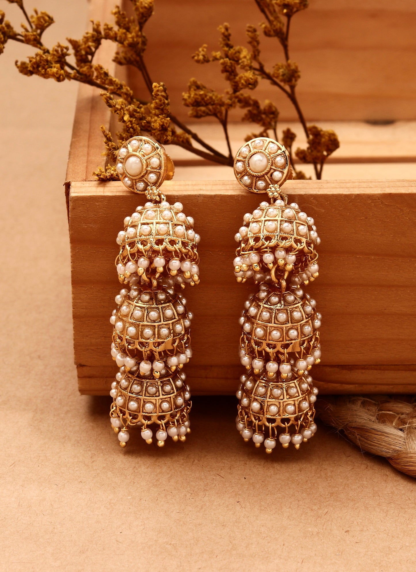 Long White Gold Kundan Jhumki