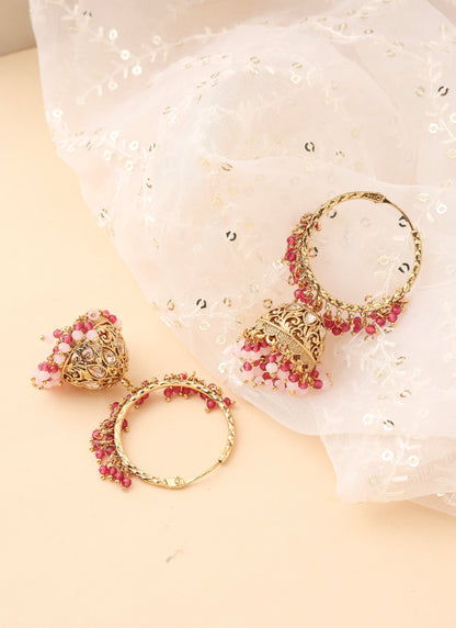 Gold Hoops with Jhumkas and Pink Bead Accents