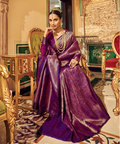 Royal Purple Banarasi Silk Saree with Gold Zari Paisley & Floral Motifs