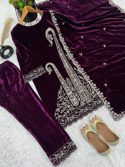 Purple Viscose Velvet Heavy Embroidery Sequins Work Kurta Set with Dupatta