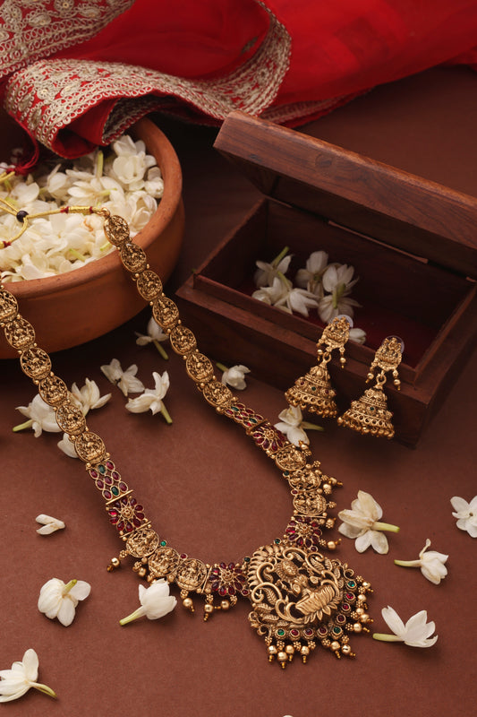 Gold Plated Temple jewellery Necklace Set with Green Drops