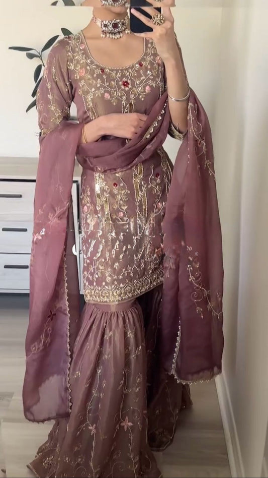 Onion Pink Sequins Shimmer Readymade Suit