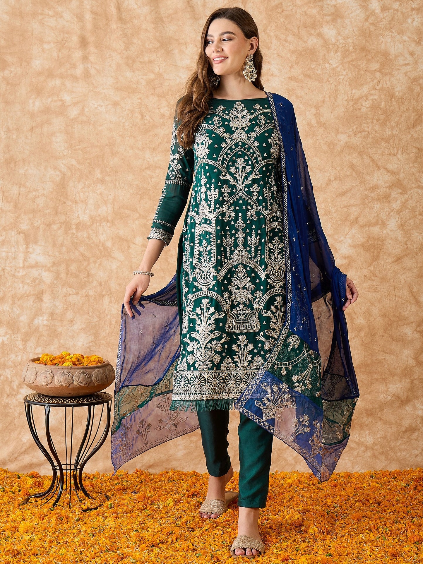 Semi Stitched Pakistani Suit in Green Georgette with Detailed Embroidery and Dupatta