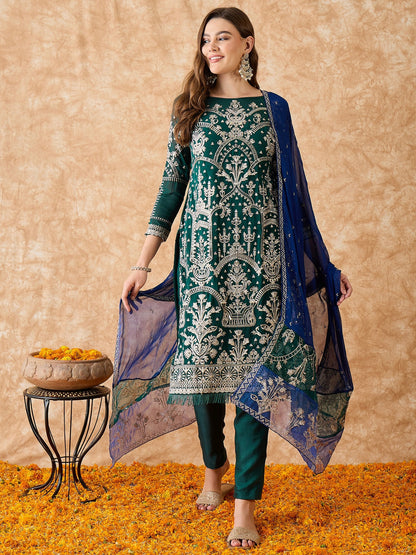 Semi Stitched Pakistani Suit in Green Georgette with Detailed Embroidery and Dupatta