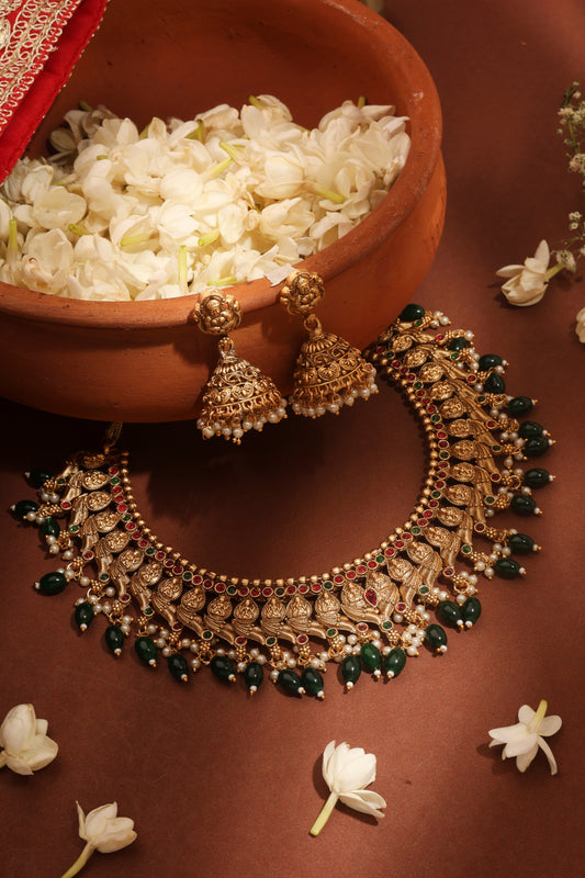 Gold Plated Temple jewellery Necklace Set with Green Drops