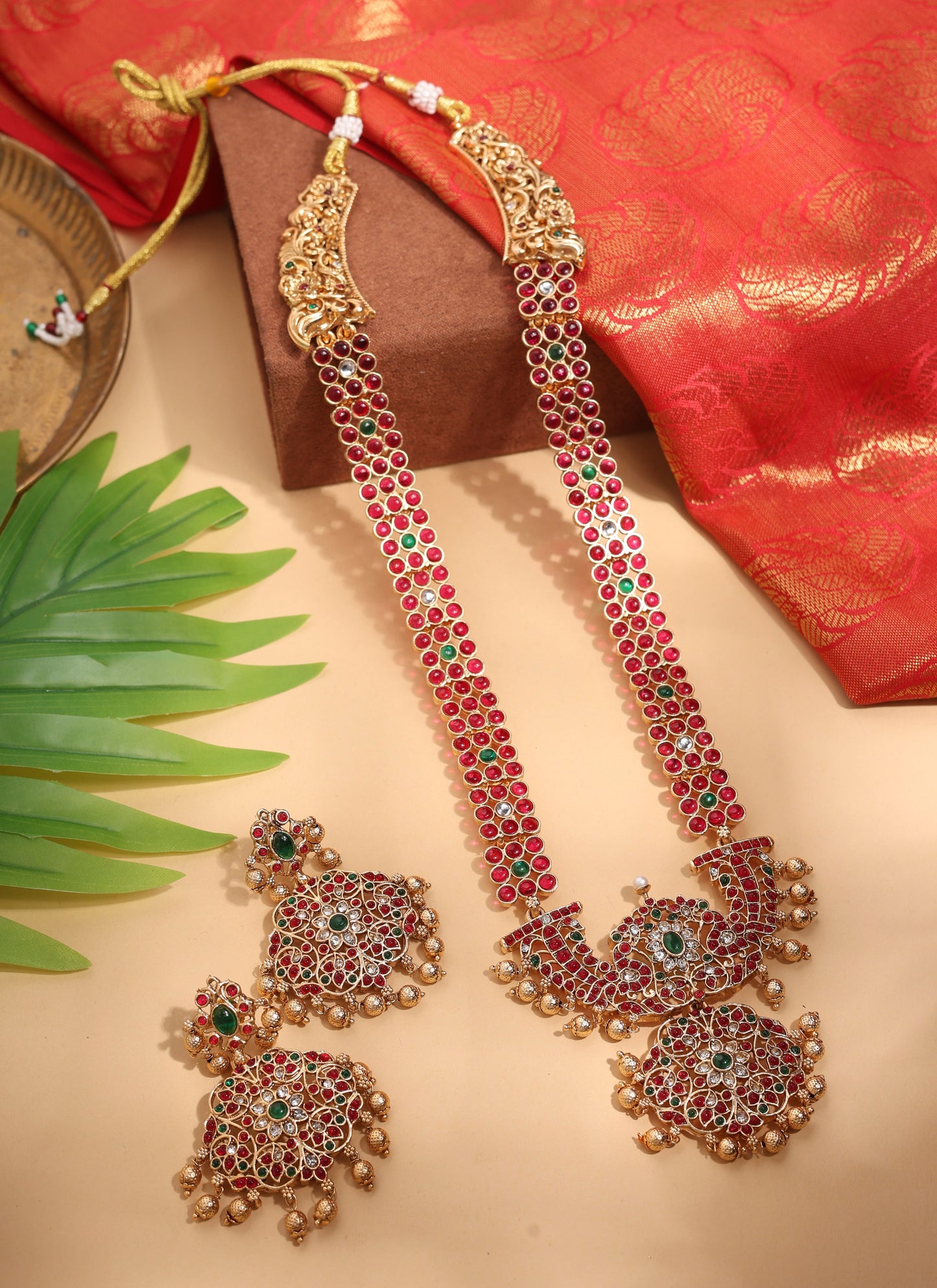 Long Gold Necklace Set with Red and Green Stones