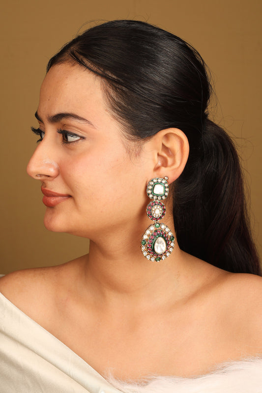 Long Kundan Earrings with Multicolour Stones