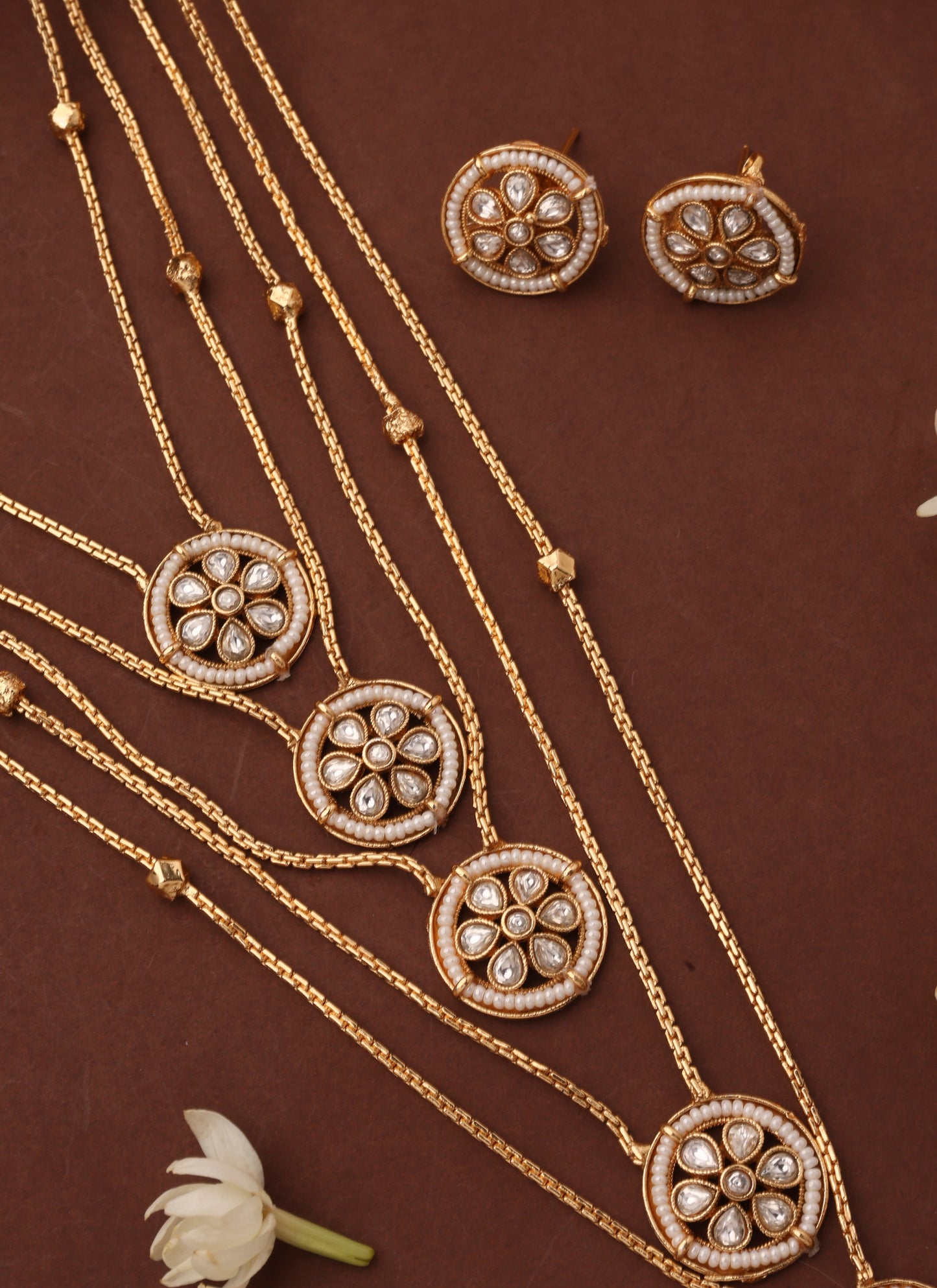 Five Layer Necklace Set with Round Pendants and White Stones