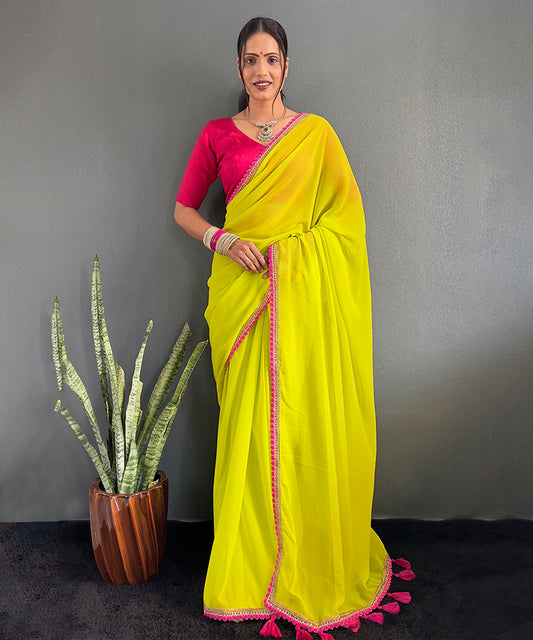 Neon Yellow Georgette Saree with Pink Border