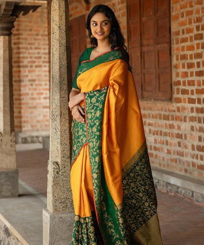 Yellow Flower Lichi Art Silk Saree