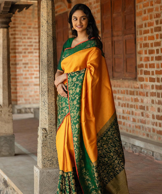 Yellow Flower Lichi Art Silk Saree