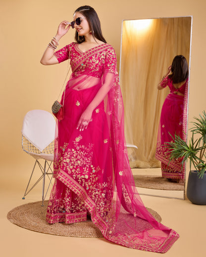 Rani Pink Soft Net Embroidered Saree