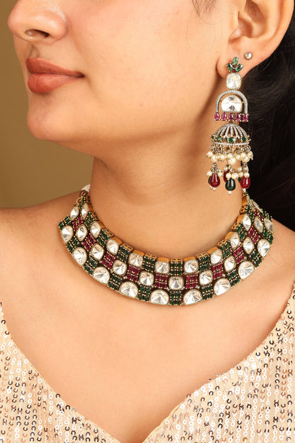 Kundan Choker Set with Green and Red Accents