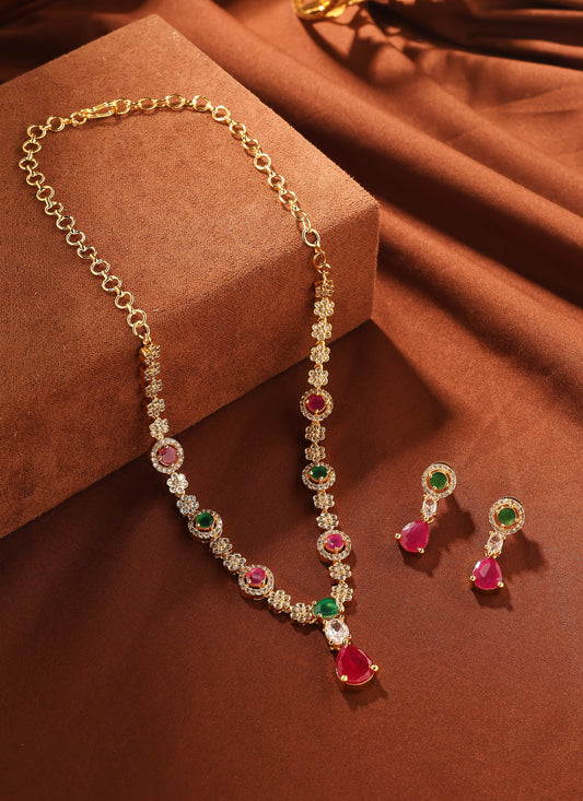 American Diamond Necklace Set with Ruby Pendant and Earrings