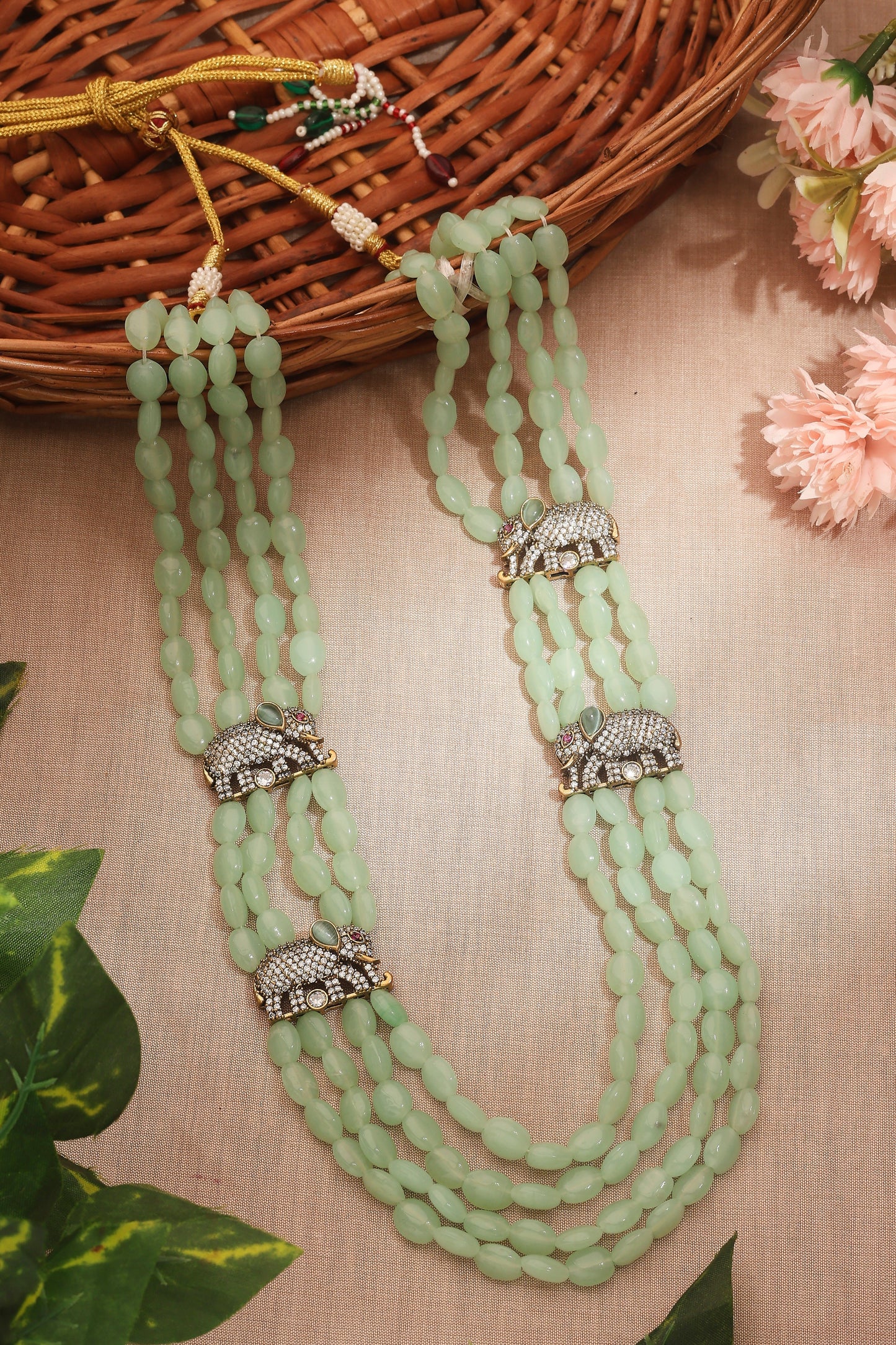 Mint Green Layered Mala with Elephant Motif