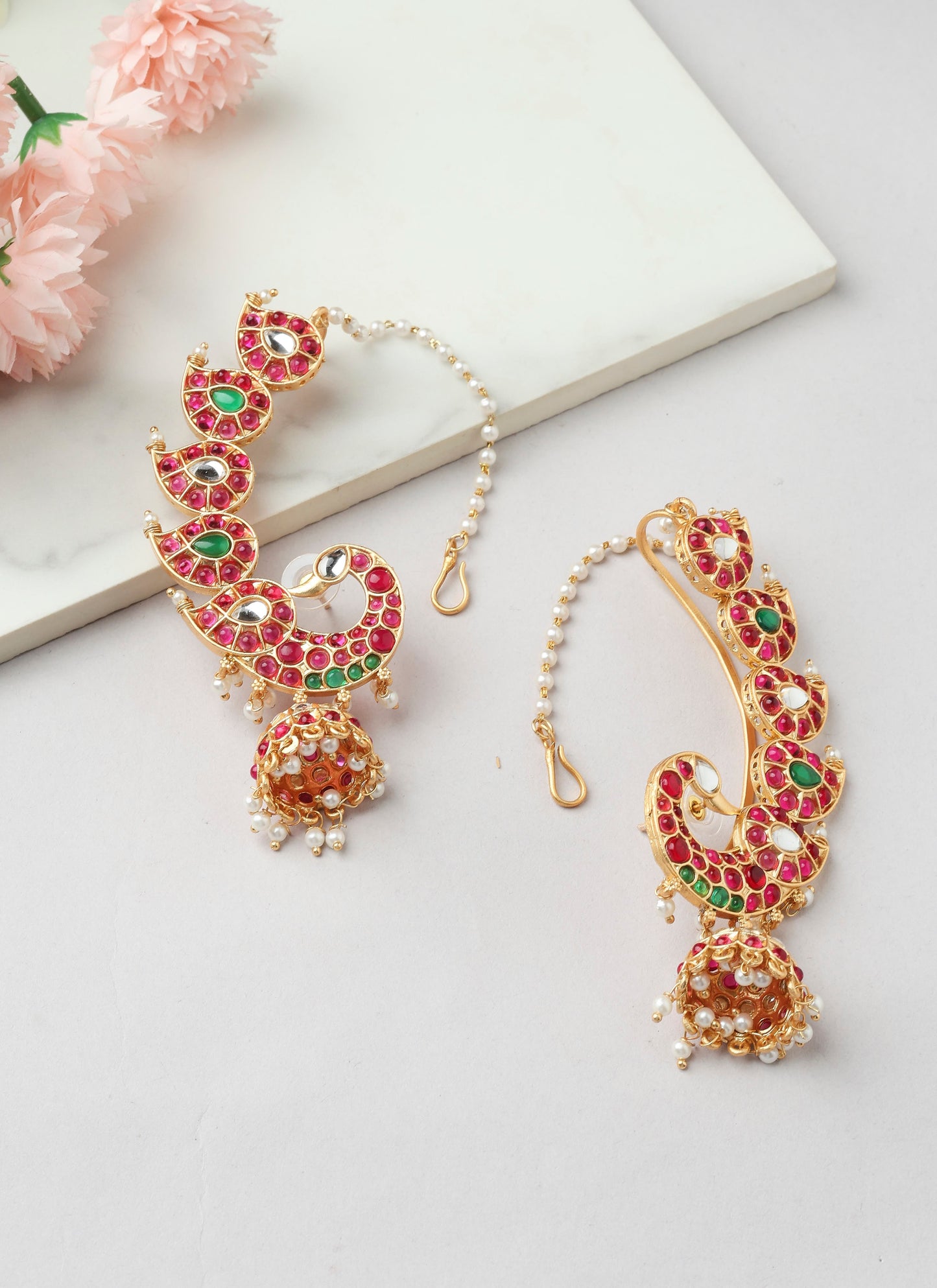 Peacock Earrings with Red Stones and Jhumka Attachments