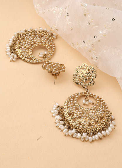 Gold Chandbali Earrings with White Stones and Pearls