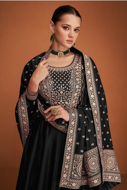 Black Embroidered Premium Silk Anarkali Suit (Semi-Stitched)