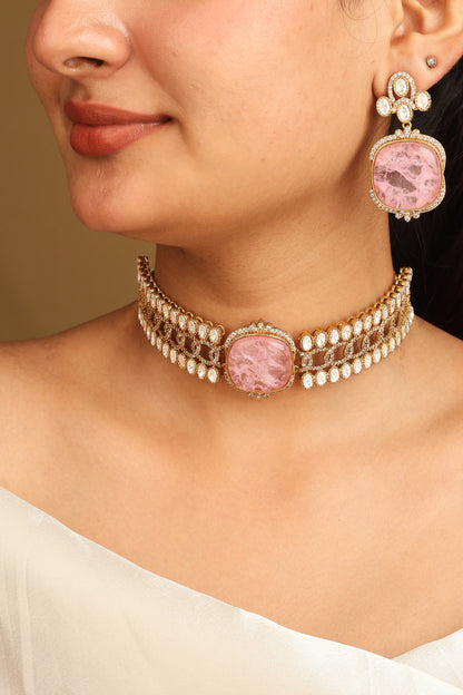 Gold American Diamond Choker Set with Large Pink Stone and Matching Earrings