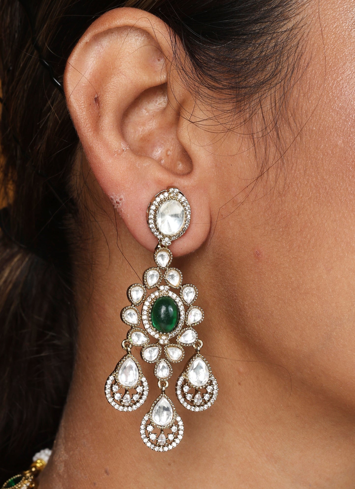 Two Layer Necklace Set with Green Stones and American Stones Earrings and Maang Tikka