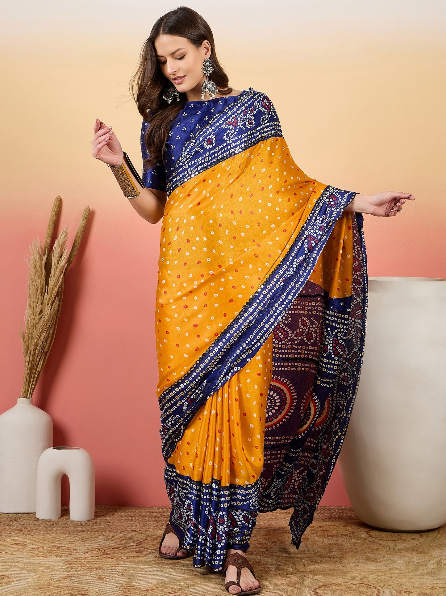 Golden Mustard Bandhani Silk Saree with a Traditional Touch