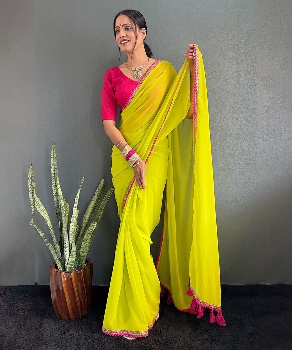 Neon Yellow Georgette Saree with Pink Border