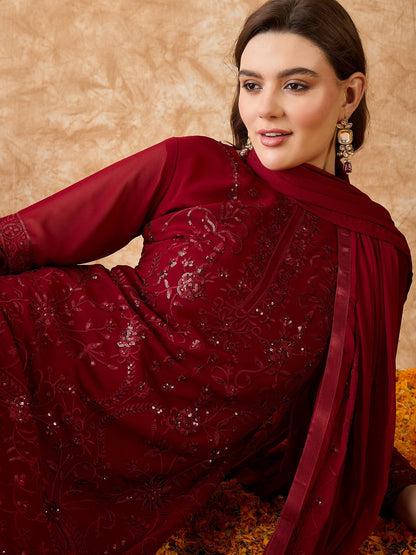 Semi Stitched Pakistani Suit in Maroon Georgette