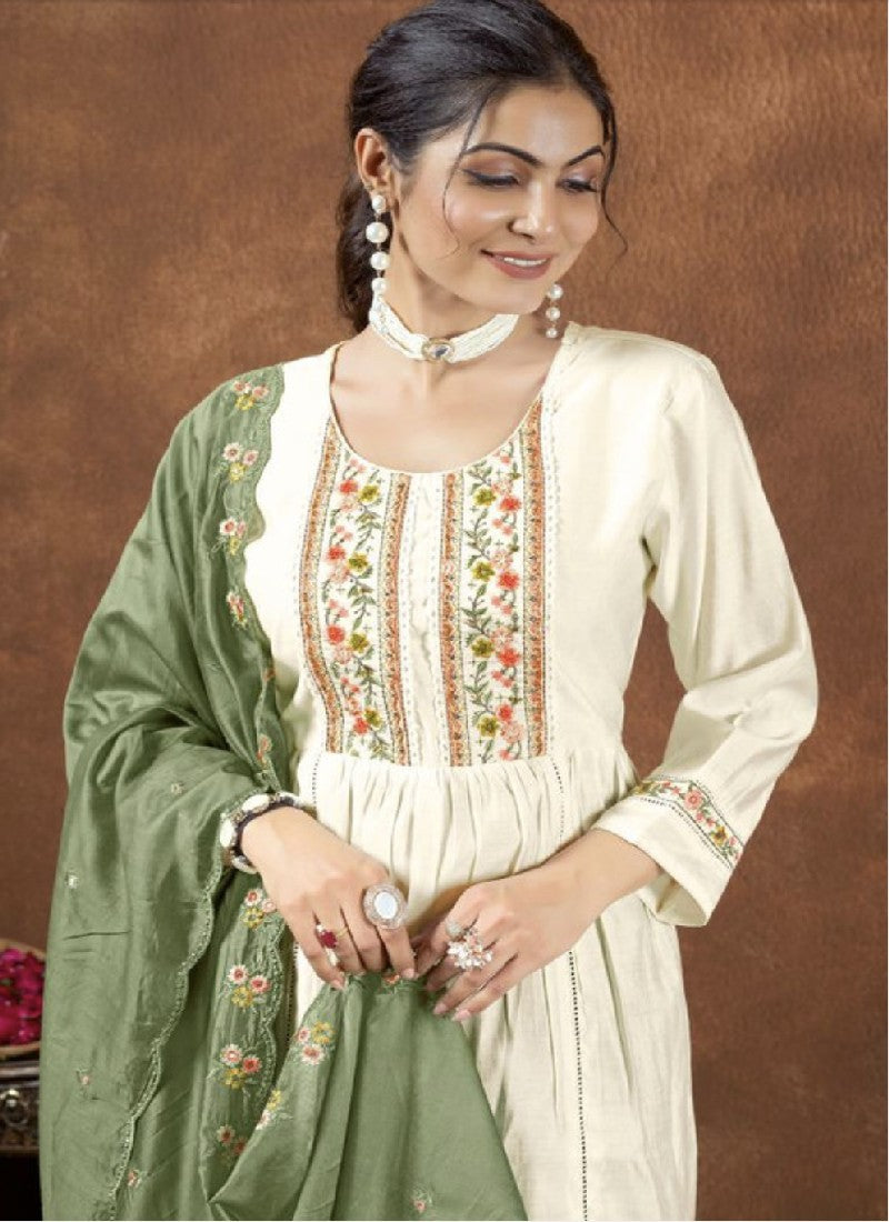 Cream Silk Embroidered Kurta with Pant & Dupatta