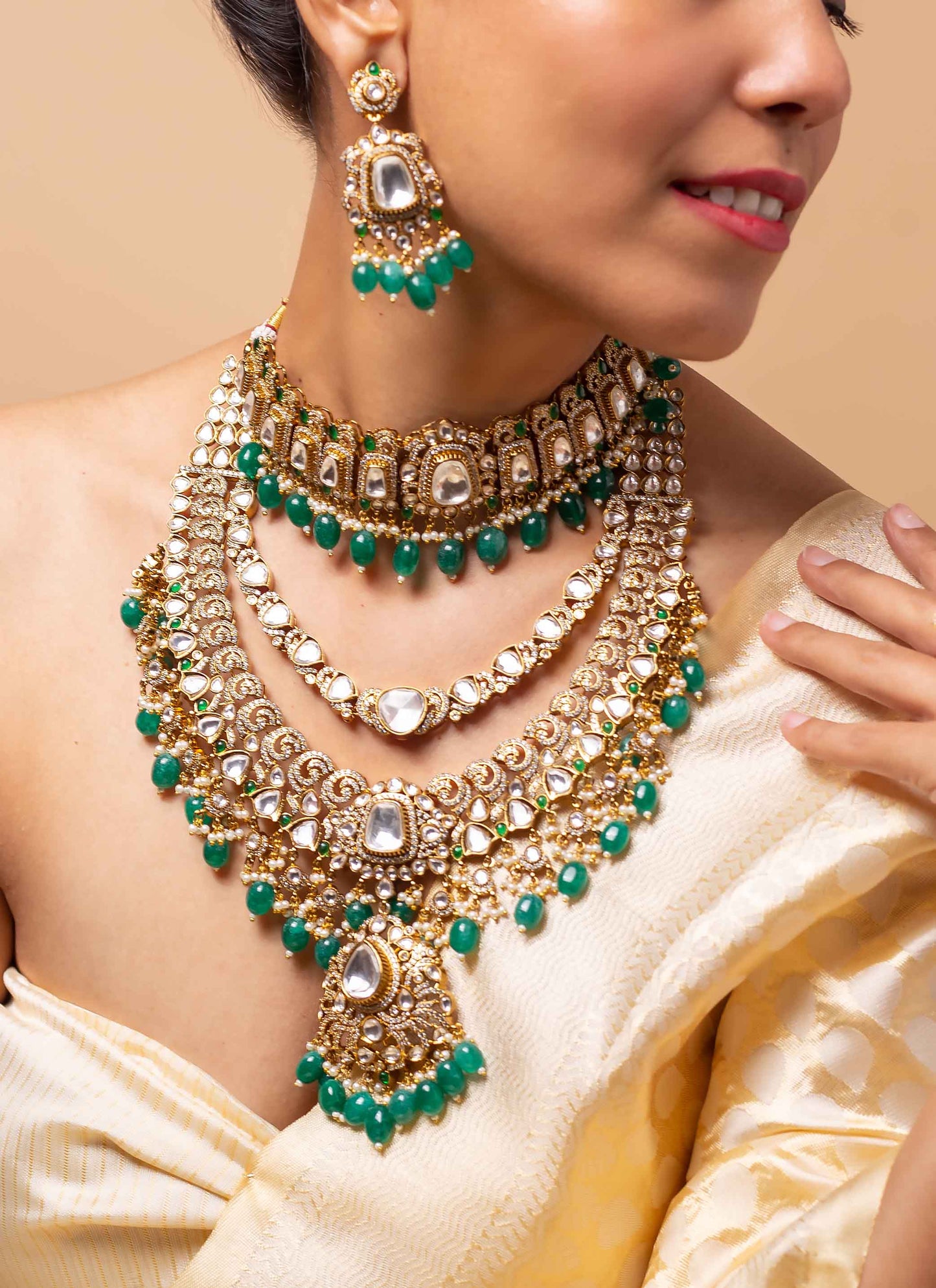 American diamond Kundan necklace set with green bead accents