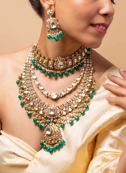 American diamond Kundan necklace set with green bead accents