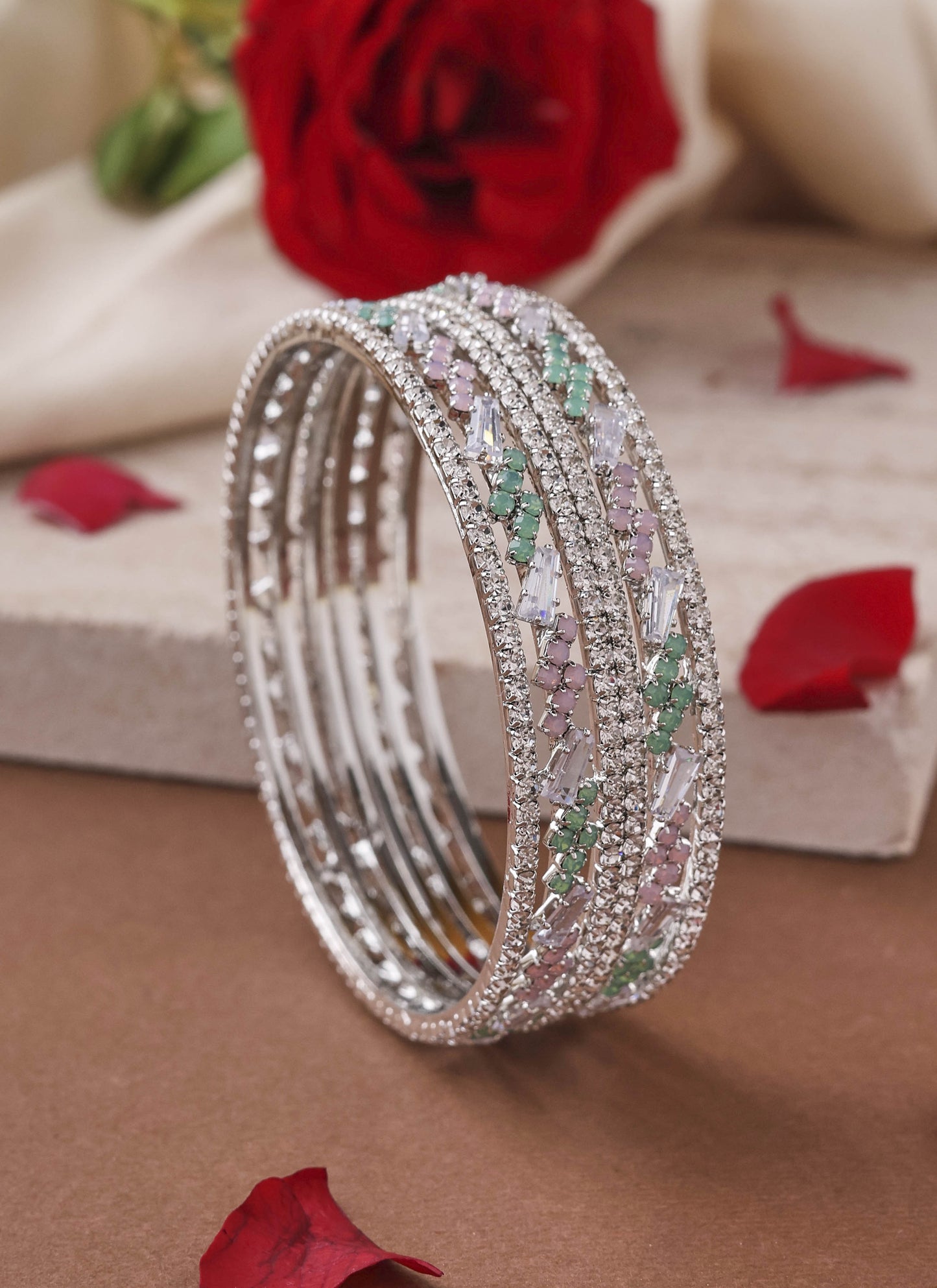 Silver-Plated Bangles with Pink and Mint Green American Diamonds