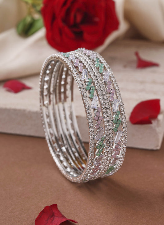 Silver-Plated Bangles with Pink and Mint Green American Diamonds