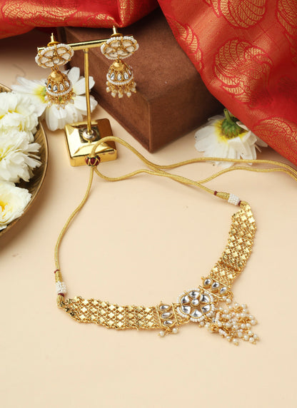 Gold Plated Choker Set with Kundan Pendant and Jhumka