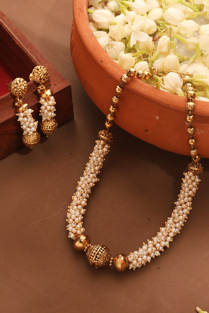 Gold Plated Pearl Necklace with Ball Pendant