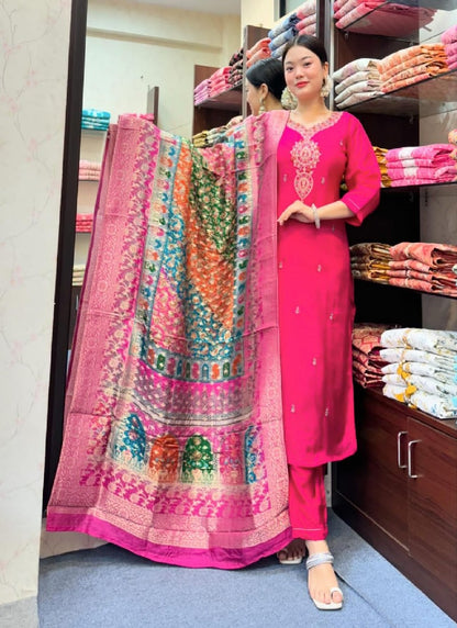 Pink Silk Embroidered Kurta with Pant & Dupatta