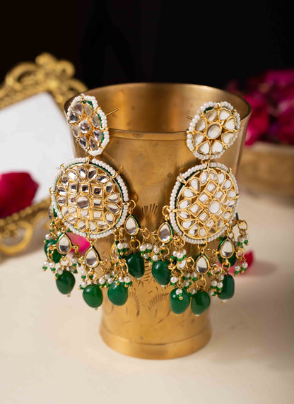 Kundan Pearl and Emerald Maang Tikka Earrings Set