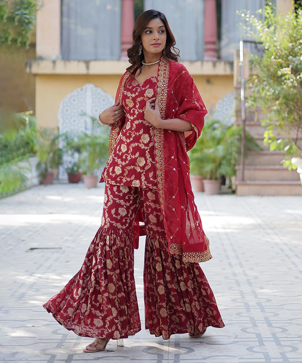 Red Jacquard Georgette Readymade Suit