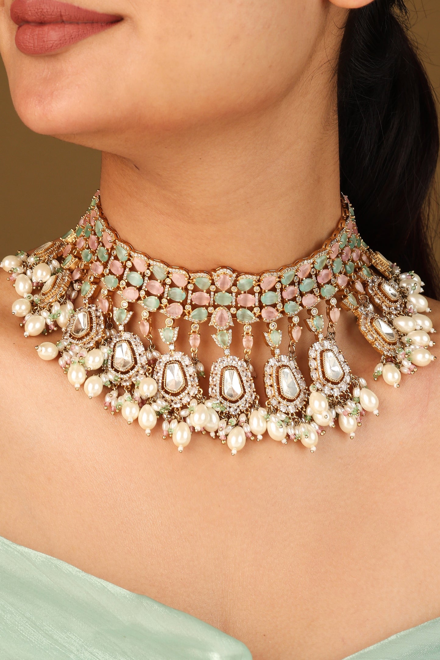 Pastel Colour Choker Necklace with American Stones for Bridal Look