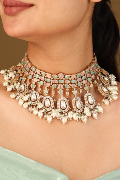 Pastel Colour Choker Necklace with American Stones for Bridal Look