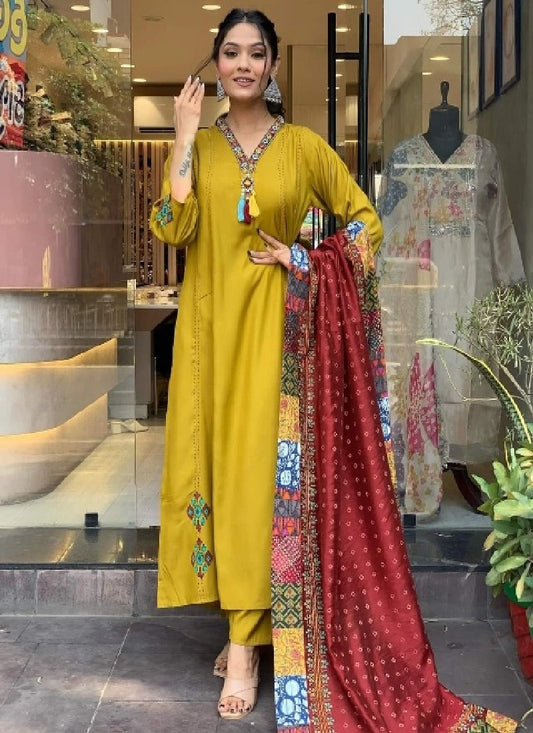 Gorgeous Mustard Chanderi Silk Embroidered Kurta Pant Dupatta Set