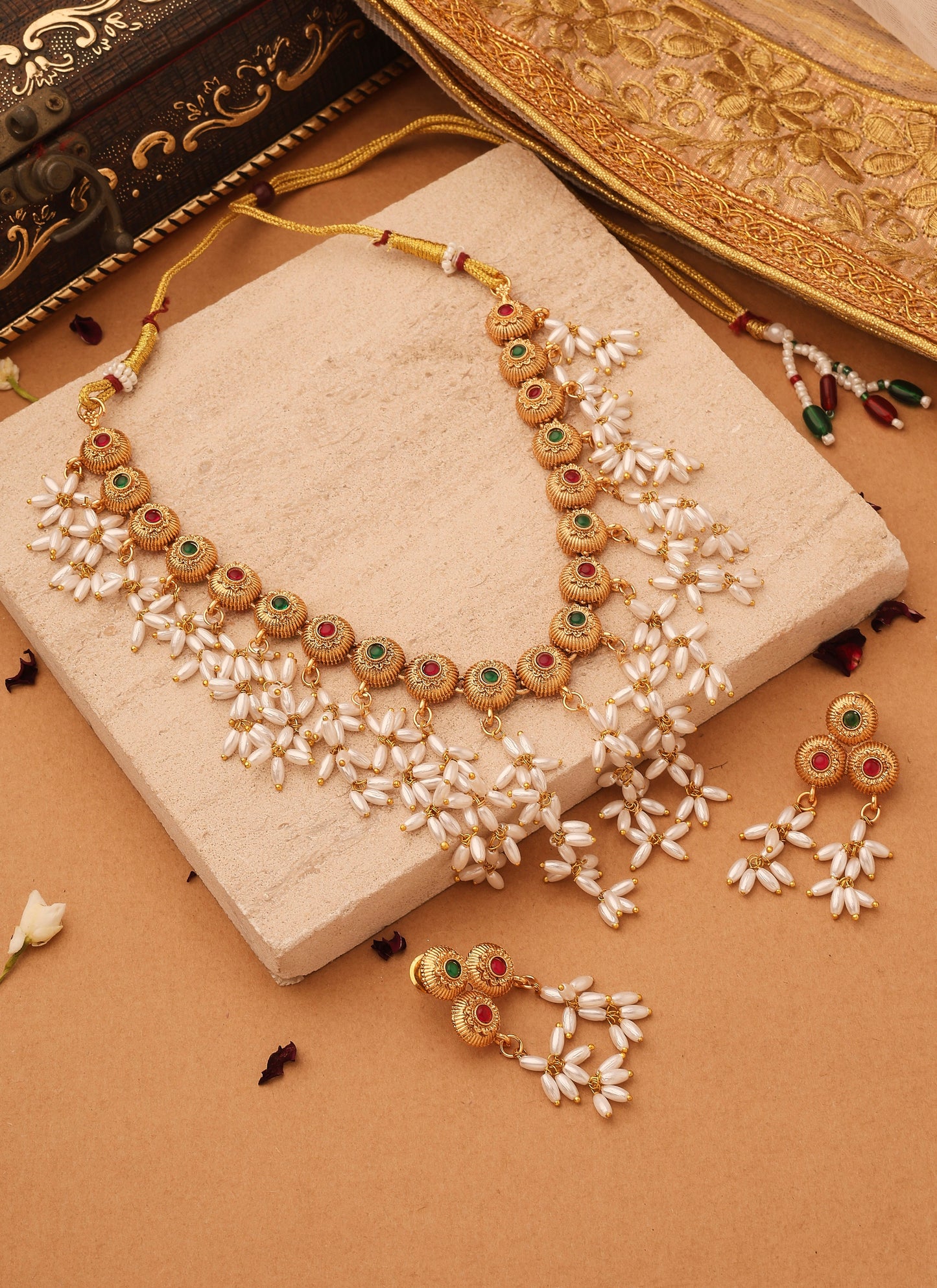 Gold Cup Necklace with Red Stones and White Oval Jhumkis