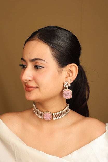 Gold American Diamond Choker Set with Large Pink Stone and Matching Earrings