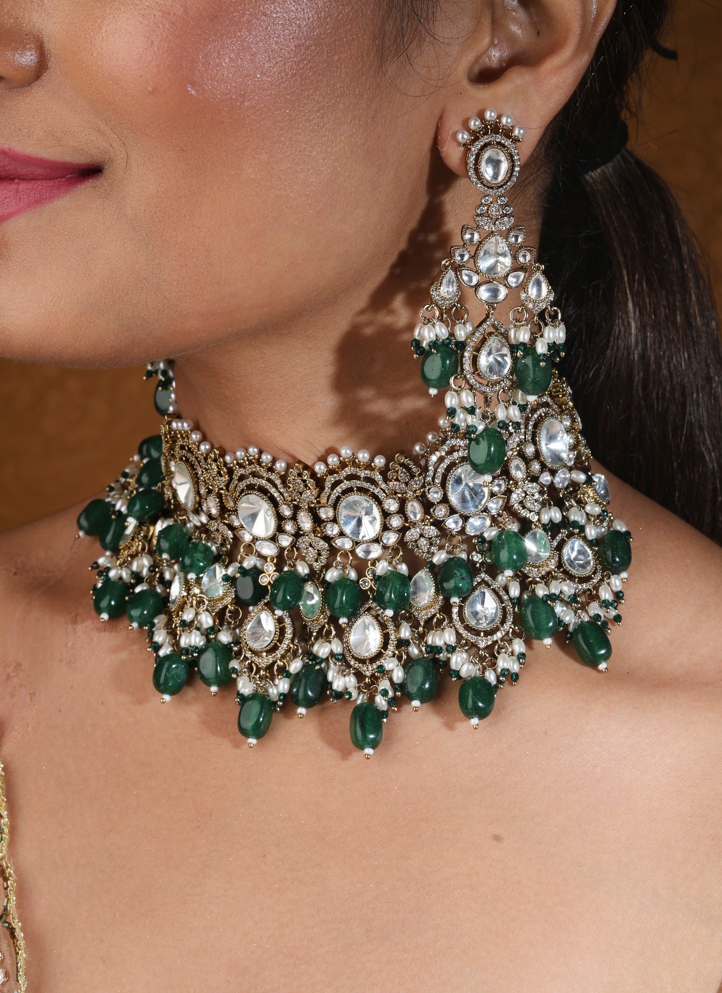 Bridal Choker Necklace with Kundan Stones and Green Drops