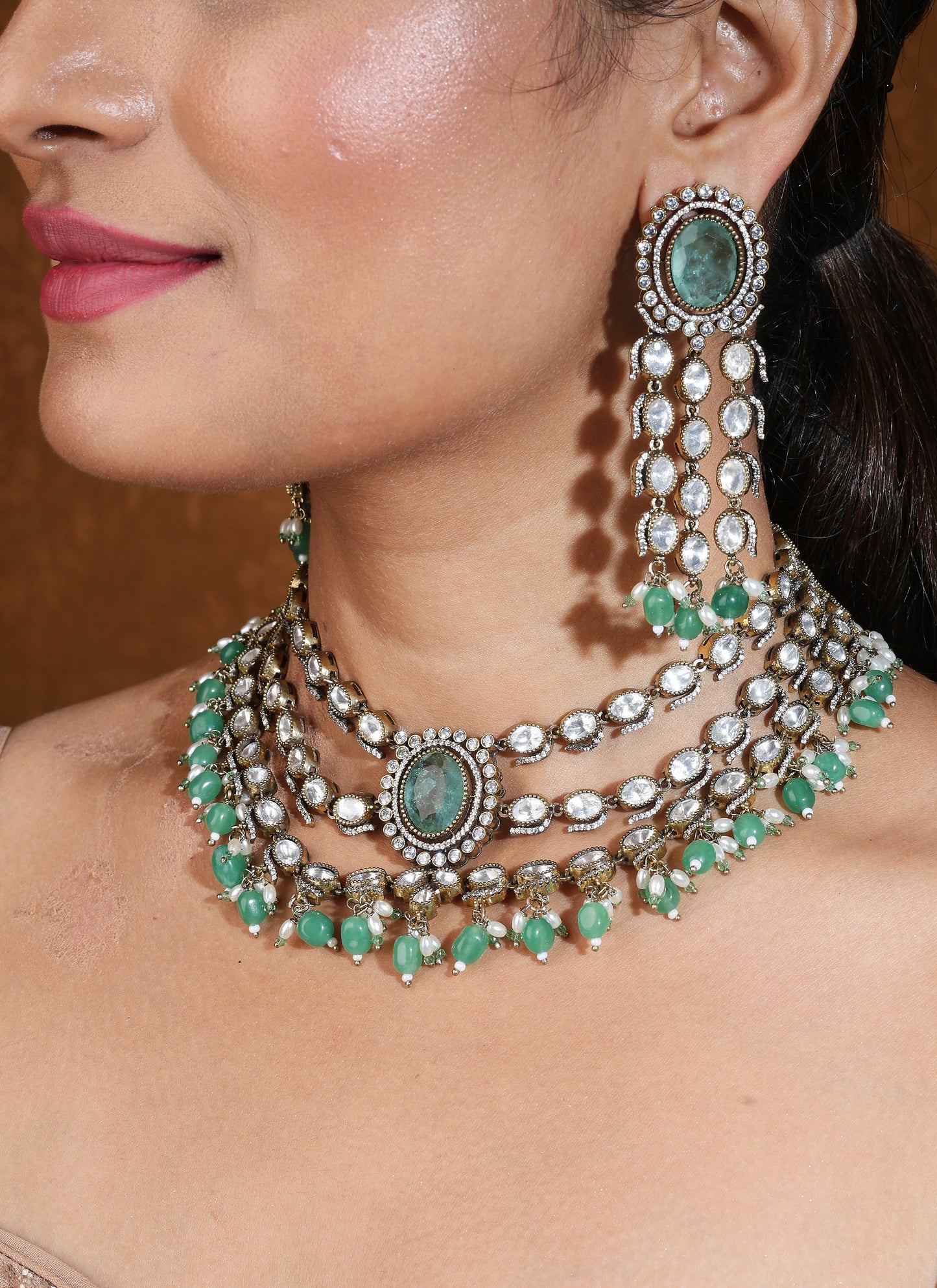 Mint Green Stone Kundan Layer Choker Necklace Set with Maang Tikka