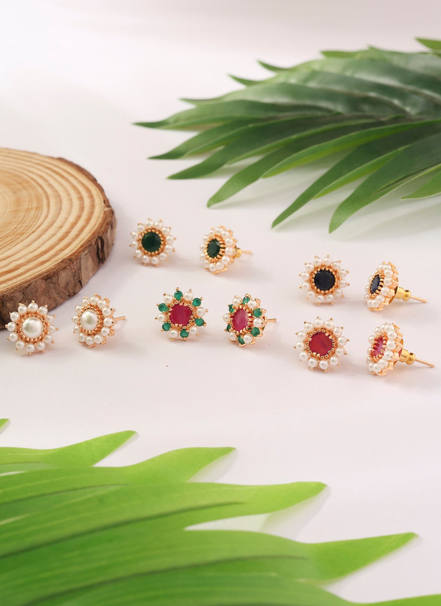 Set of Five Floral Pearl Studs with Multicolour Stones