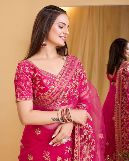 Rani Pink Soft Net Embroidered Saree