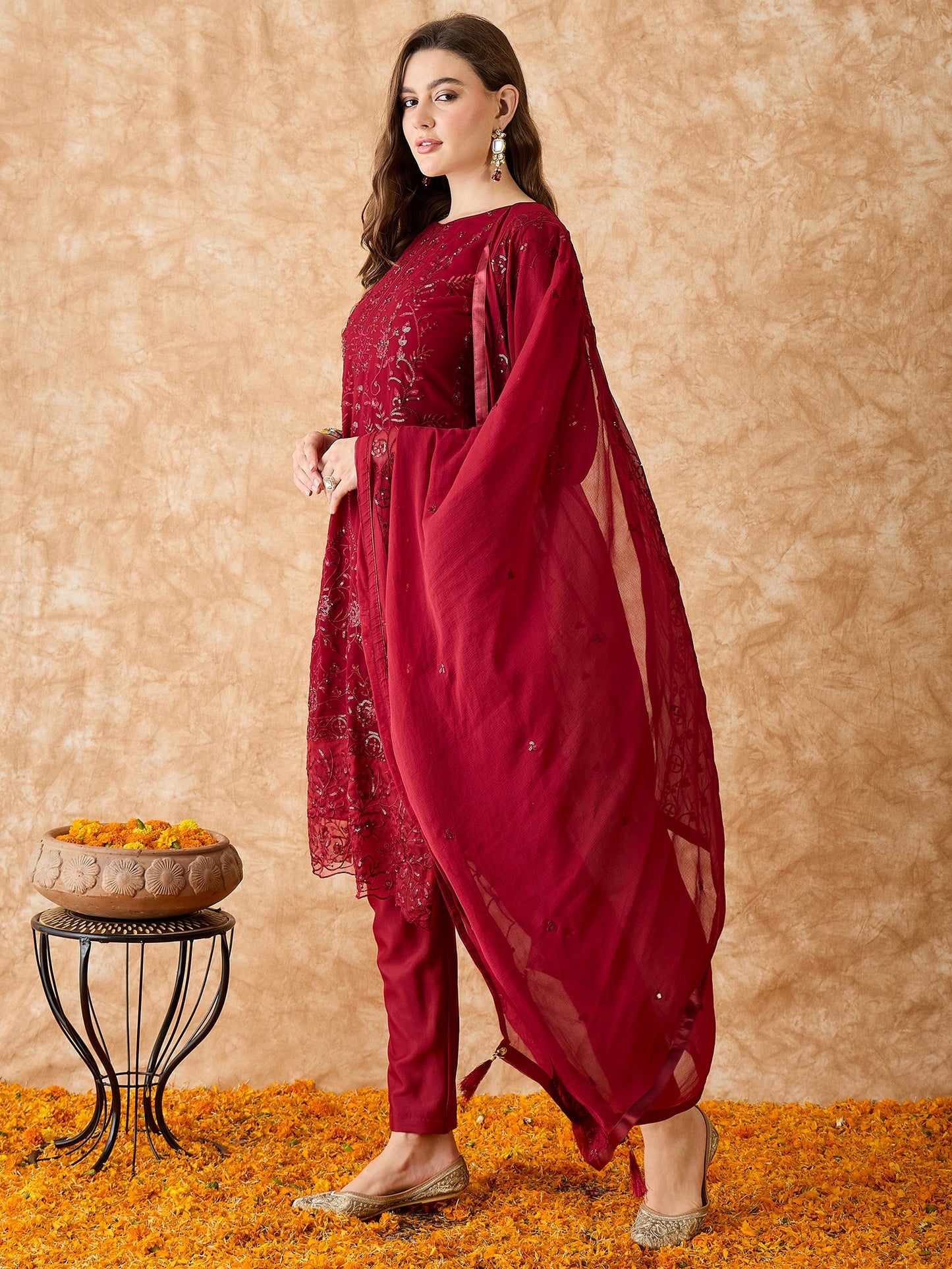 Semi Stitched Pakistani Suit in Maroon Georgette