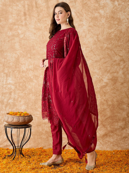 Semi Stitched Pakistani Suit in Maroon Georgette