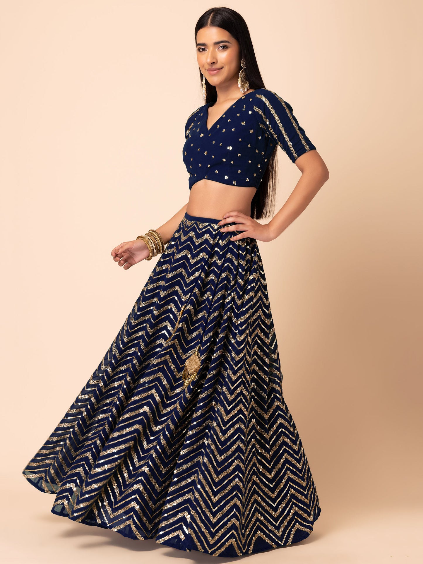 Blue Zari & Sequins Embroidered Georgette Lehenga Choli